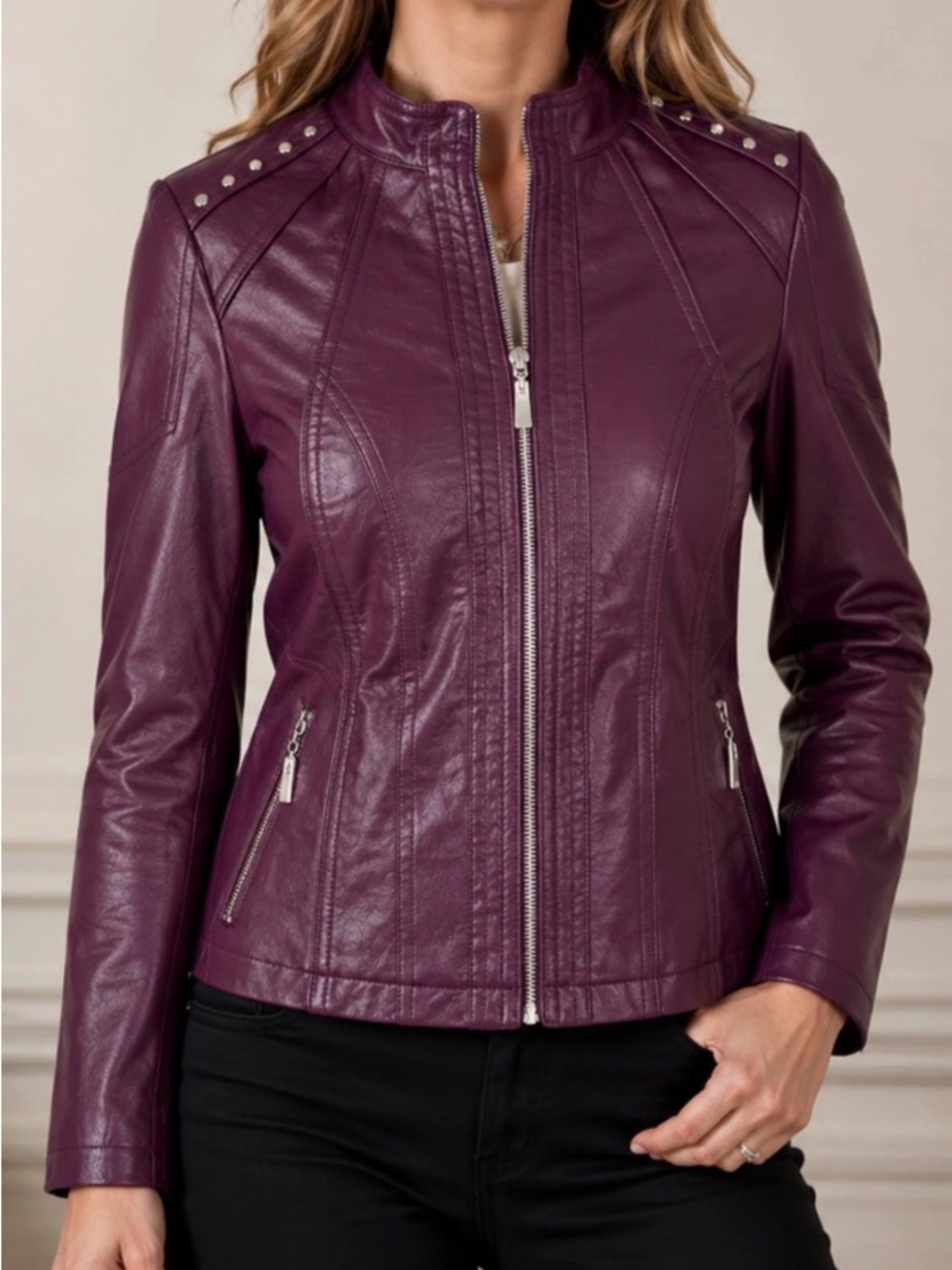 cleo Women's Plum Faux Leather Zip Jacket with Stud Accents